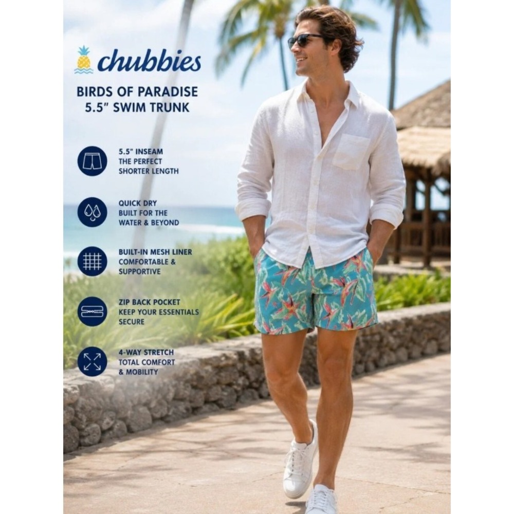 Chubbies Teal Bird of Paradise Tropical Floral Mesh Lined Swim Trunks Shorts L